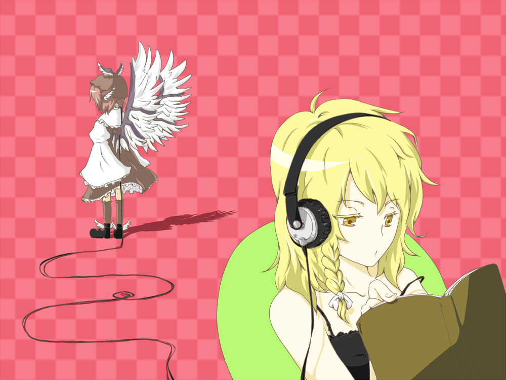 haruichi (sazanami complex), shunichi, kirisame marisa, mystia lorelei, touhou, 2girls, animal ears, blonde hair, braid, female focus, hat, headphones, multiple girls, pink hair, short hair, wings, yellow eyes