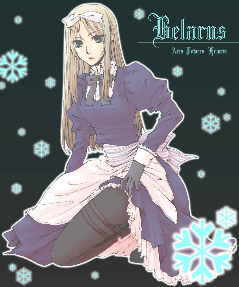 benny*, berry benny, belarus (hetalia), axis powers hetalia, 00s, 1girl, apron, blonde hair, blue eyes, clothes lift, dagger, dress, dress lift, female focus, frills, garter belt, gloves, hair ribbon, holster, kneeling, knife, lingerie, lipstick, long hair, makeup, pantyhose, petticoat, ribbon, snowflakes, solo, thigh holster, thigh strap, underwear, weapon