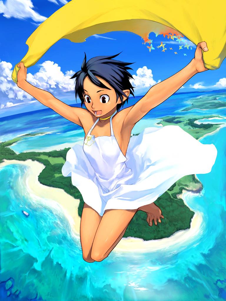 nishino juutarou, original, artist request, armpits, barefoot, black hair, brown eyes, choker, cloud, dress, feet, flying, happy, island, ocean, outdoors, pointy ears, red eyes, short hair, sky, solo, spread toes, tan, toes, white dress
