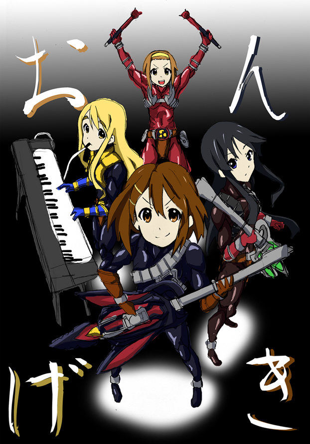 to-gnaniwa, akiyama mio, hirasawa yui, kotobuki tsumugi, tainaka ritsu, k-on!, kamen rider, kamen rider hibiki (series), bad id, bad pixiv id, 4girls, black background, black hair, blonde hair, bodysuit, brown eyes, brown hair, cagayake! girls pose, from above, gradient background, grey background, guitar, ho-kago tea time, instrument, multiple girls, parody, simple background