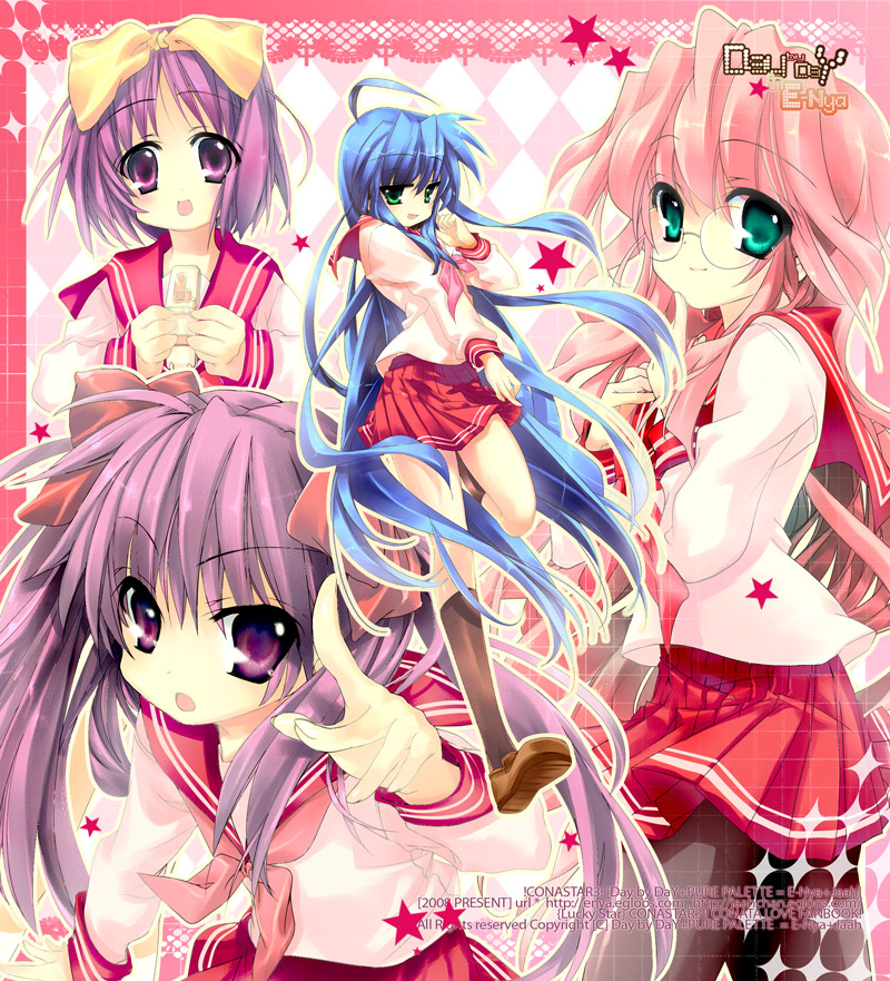 e-nya, hiiragi kagami, hiiragi tsukasa, izumi konata, takara miyuki, lucky star, bad id, bad pixiv id, 00s, 4girls, ahoge, blue hair, glasses, green eyes, hair ribbon, hairband, long hair, multiple girls, pantyhose, pink hair, purple eyes, purple hair, ribbon, school uniform, serafuku, short hair, siblings, sisters, star (symbol), twins, twintails, very long hair