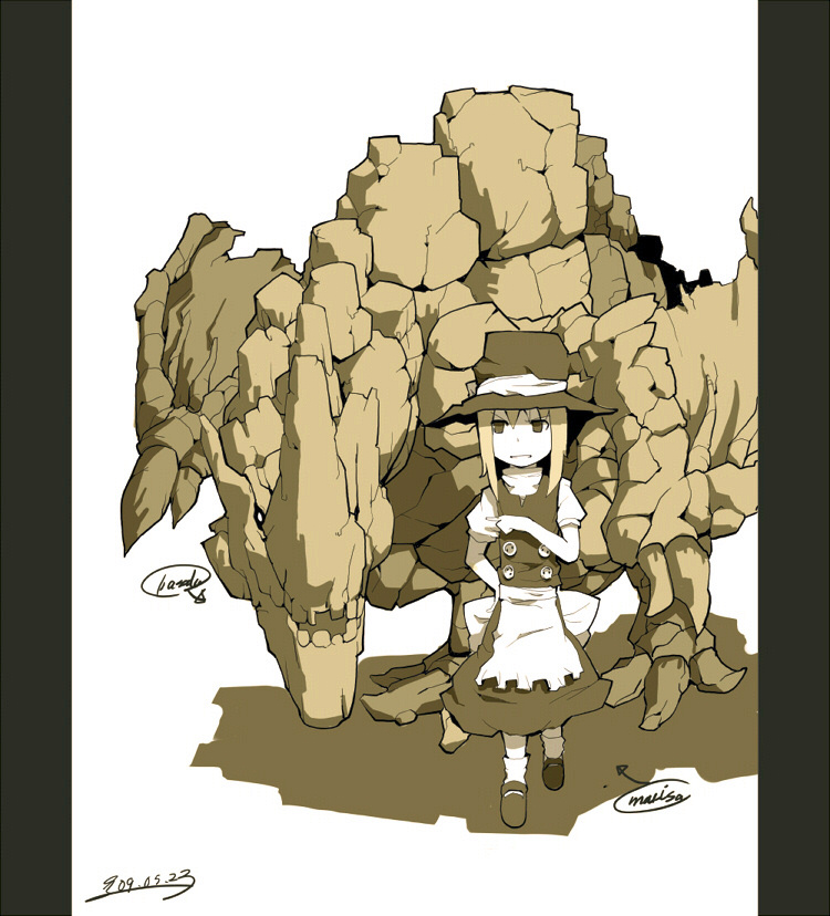 fuukadia (narcolepsy), govurin (pixiv), basarios, kirisame marisa, capcom, monster hunter (series), touhou, bad id, bad pixiv id, 1girl, dragon, female focus, hat, monochrome, pillarboxed, sepia, solo, witch, witch hat, wyvern