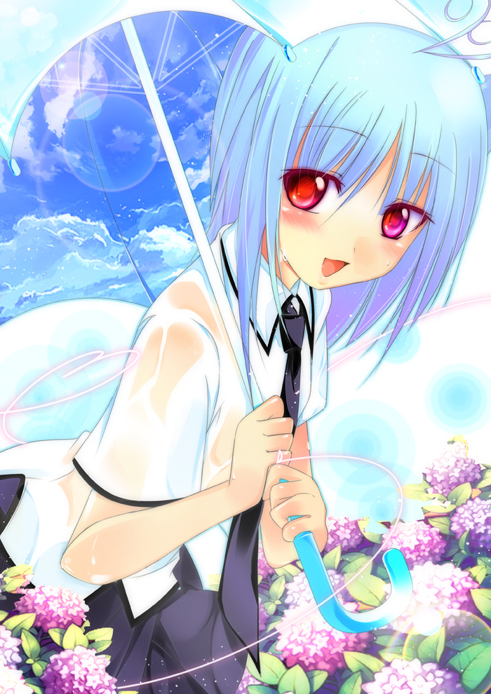 shirokitsune, original, bad id, bad pixiv id, 1girl, antenna hair, blue hair, blush, female focus, flower, heart, hydrangea, nature, necktie, open mouth, outdoors, parasol, red eyes, see-through clothes, sky, sky print, solo, umbrella, wet