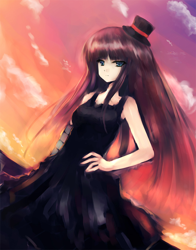 abudala, akiyama mio, don't say "lazy", k-on!, 00s, 1girl, black hair, blue eyes, dress, female focus, hat, mini hat, mini top hat, solo, top hat