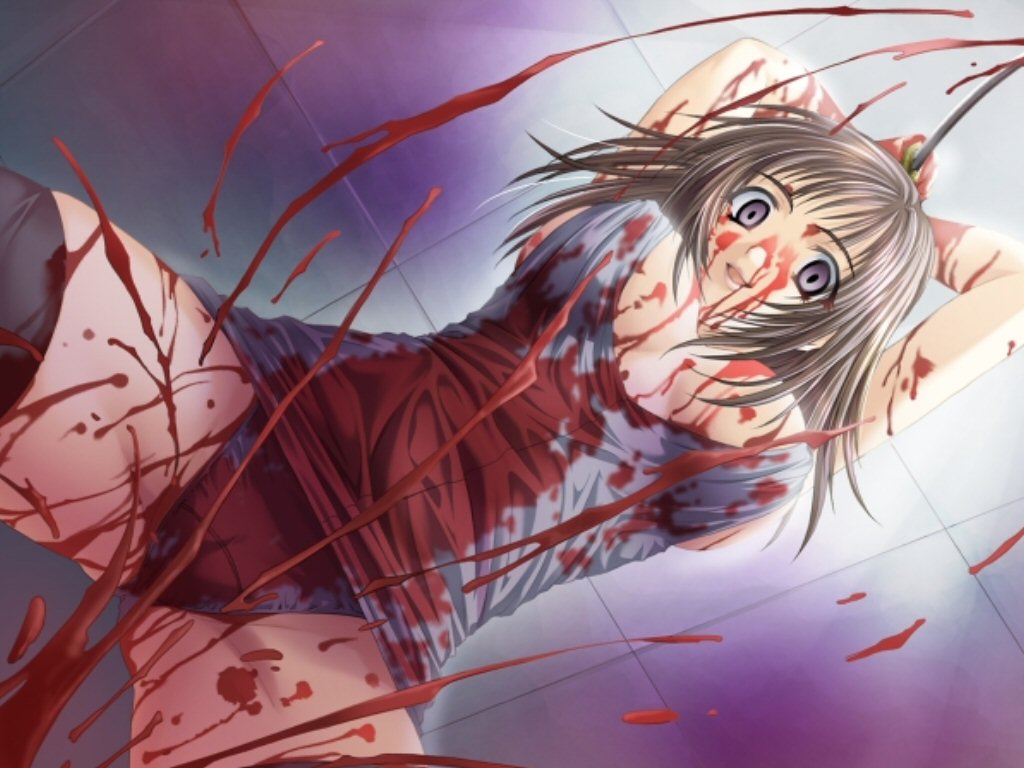 eyebrows, tagme, blood, breasts, female focus, guro, one-piece swimsuit, panties, purple eyes, school swimsuit, swimsuit, underwear