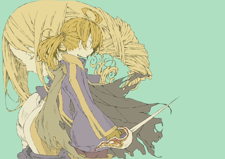 emihiko, agrias oaks, ramza beoulve, final fantasy, final fantasy tactics, armor, blonde hair, braid, cloak, gloves, long hair, single braid, sword, torn clothes, weapon