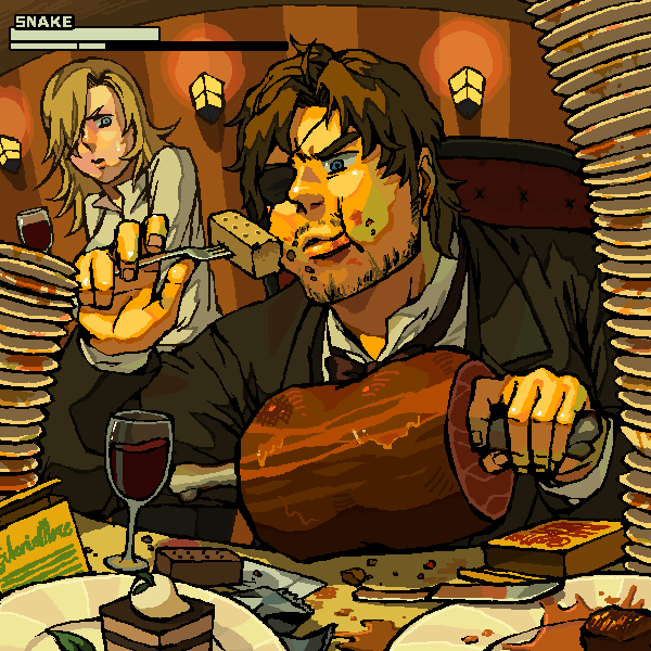 madogiwa totto, big boss, eva (metal gear), caloriemate, metal gear (series), metal gear solid, metal gear solid 3: snake eater, bad id, bad pixiv id, 1boy, 1girl, alcohol, beard, blonde hair, blue eyes, boned meat, brown hair, cake, eating, eyepatch, facial hair, food, fork, glass, heads-up display, knife, lamp, meat, parody, plate, tuxedo, user interface, wine