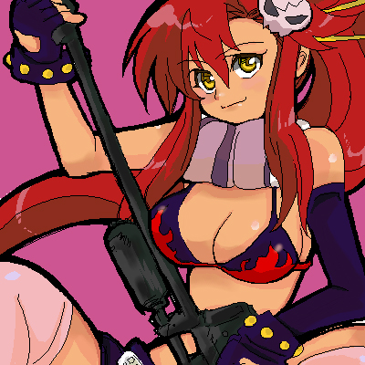 momo&a, yoko littner, tengen toppa gurren lagann, lowres, 00s, 1girl, bikini, bikini top only, breasts, female focus, gun, large breasts, ponytail, red hair, solo, swimsuit, thighhighs, weapon, yellow eyes