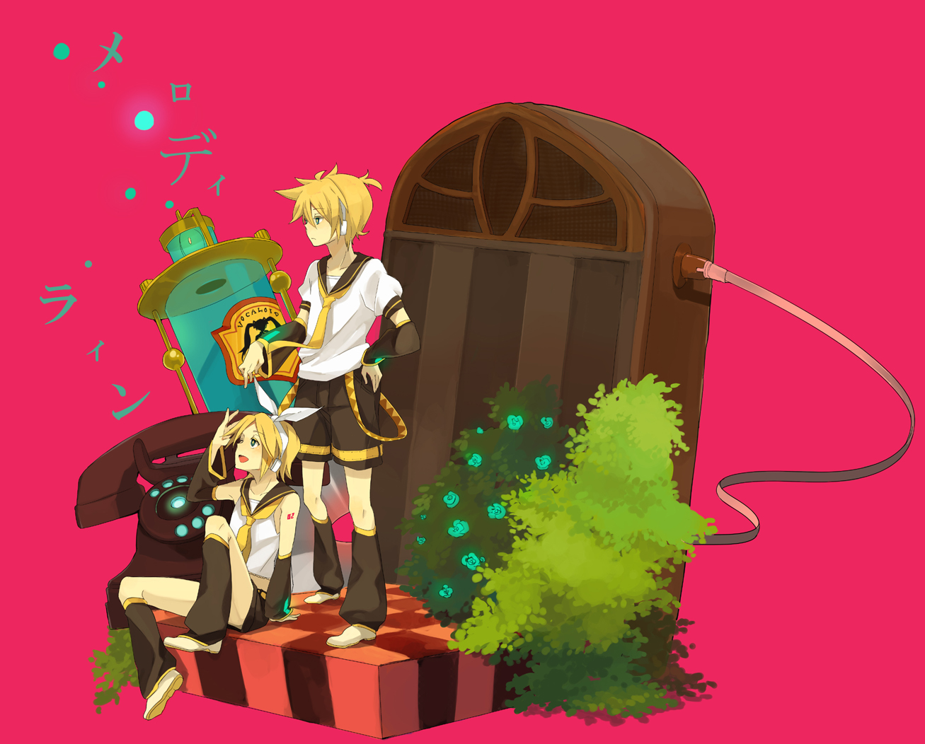 loo, kagamine len, kagamine rin, vocaloid, bad id, bad pixiv id, 1boy, 1girl, blonde hair, blue eyes, brother and sister, corded phone, hair ornament, hair ribbon, hairclip, headphones, necktie, phone, ribbon, short hair, shorts, siblings, twins, yellow necktie