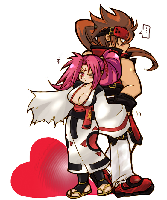 momo&a, baiken, sol badguy, arc system works, guilty gear, 1boy, 1girl, back-to-back, blush, breasts, brown hair, cleavage, heart, height difference, japanese clothes, kimono, large breasts, obi, one-eyed, pink eyes, pink hair, ponytail, sandals, sash, scar, scar across eye, scar on face, toeless legwear