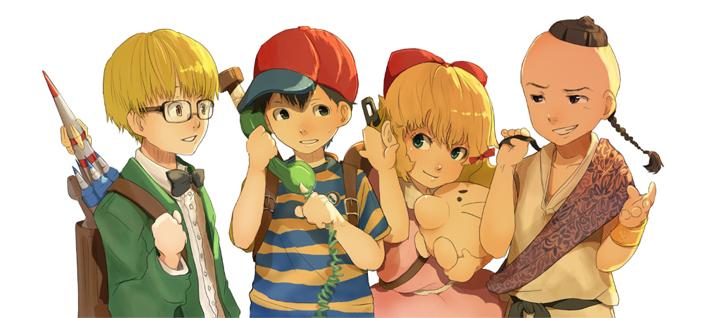 doseisan, jeff andonuts, ness (mother 2), paula (mother 2), poo (mother 2), mother (series), mother 2, nintendo, 1girl, 3boys, backpack, bag, black hair, blonde hair, braid, child, corded phone, green eyes, hat, multiple boys, phone, randoseru, ribbon, smile, yellow eyes