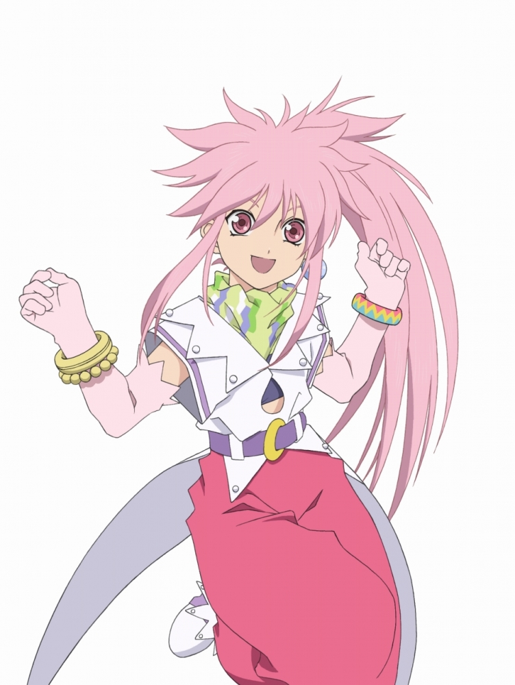 arche klein, tales of (series), tales of phantasia, official art, 1girl, bracelet, earrings, elbow gloves, female focus, gloves, jewelry, long hair, pants, pink eyes, pink hair, pink pants, ponytail, single earring, smile, solo, white background, wide ponytail