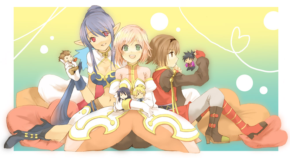 ranaoxx, estellise sidos heurassein, flynn scifo, judith (tales), karol capel, raven (tales), rita mordio, yuri lowell, tales of (series), tales of vesperia, bad id, bad pixiv id, 00s, 3girls, 4boys, black hair, blonde hair, blue hair, brown eyes, brown hair, character doll, doll, gloves, green eyes, heart, heart of string, midriff, multiple boys, multiple girls, pillow, pink hair, pointy ears, red eyes, short hair, smile