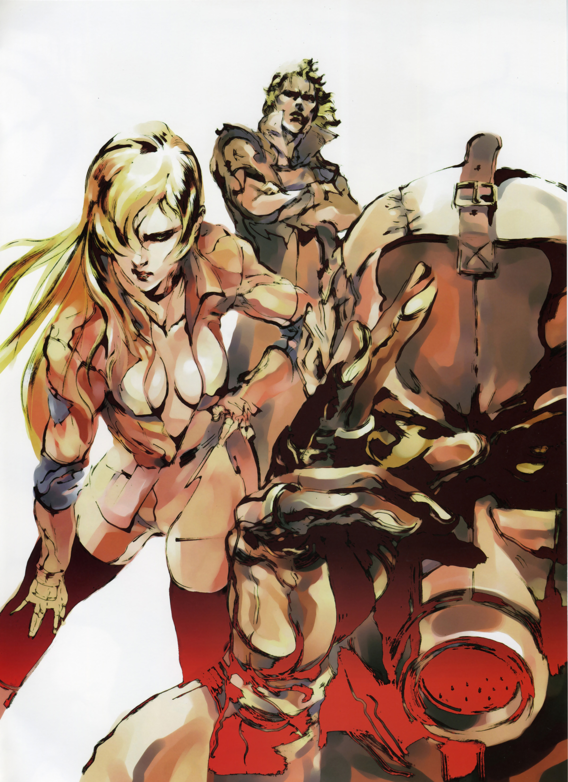 onibi (foxhound4185), liquid snake, psycho mantis, sniper wolf, metal gear (series), metal gear solid, absurdres, duplicate, highres, official art, 1girl, 2boys, blonde hair, gas mask, gloves, long hair, mask, multiple boys