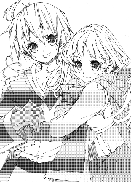 emihiko, alma beoulve, ramza beoulve, final fantasy, final fantasy tactics, brother and sister, cape, gloves, greyscale, long hair, monochrome, ponytail, siblings, smile