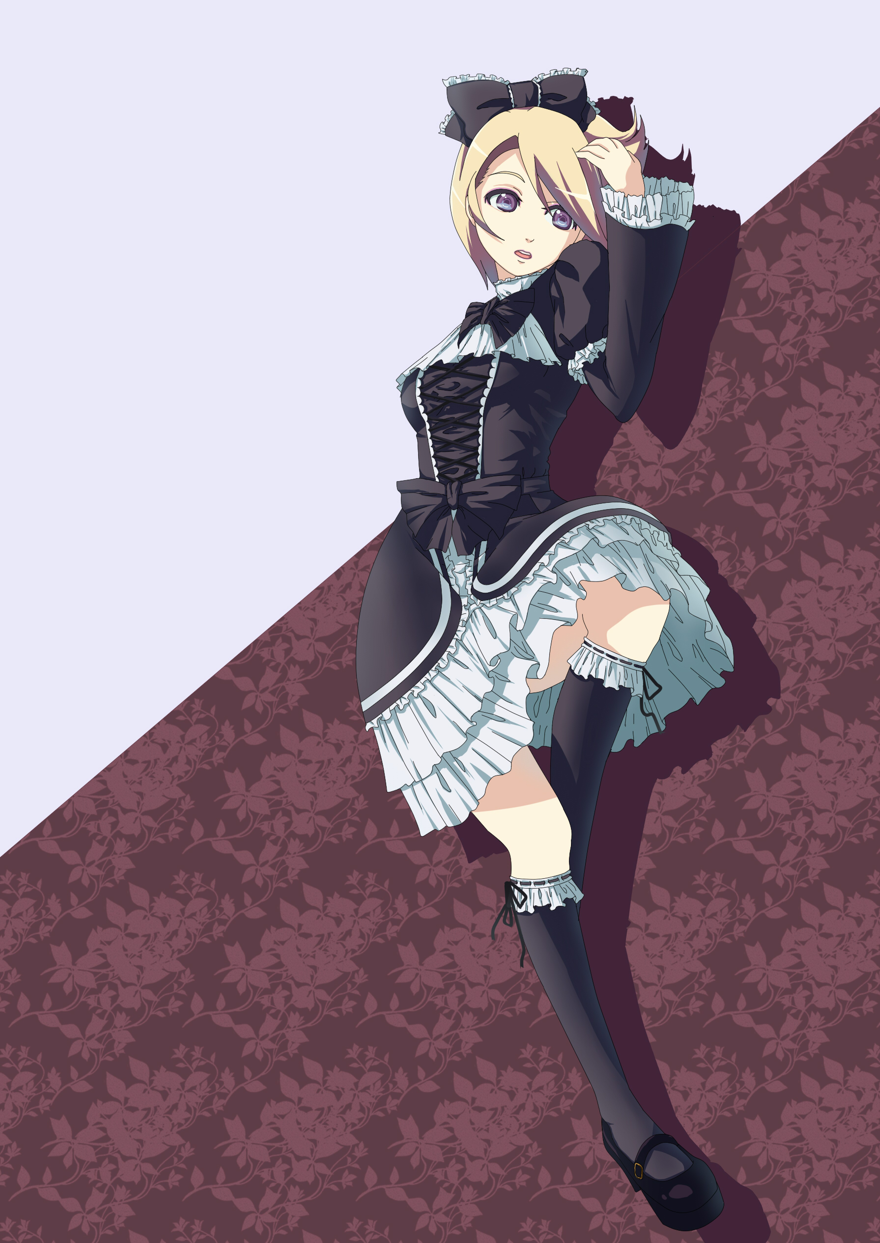 yooguru, kagamine rin, vocaloid, absurdres, derivative work, highres, vector trace, 1girl, blonde hair, blue eyes, female focus, frills, gothic lolita, hair ribbon, lolita fashion, ribbon, socks, solo