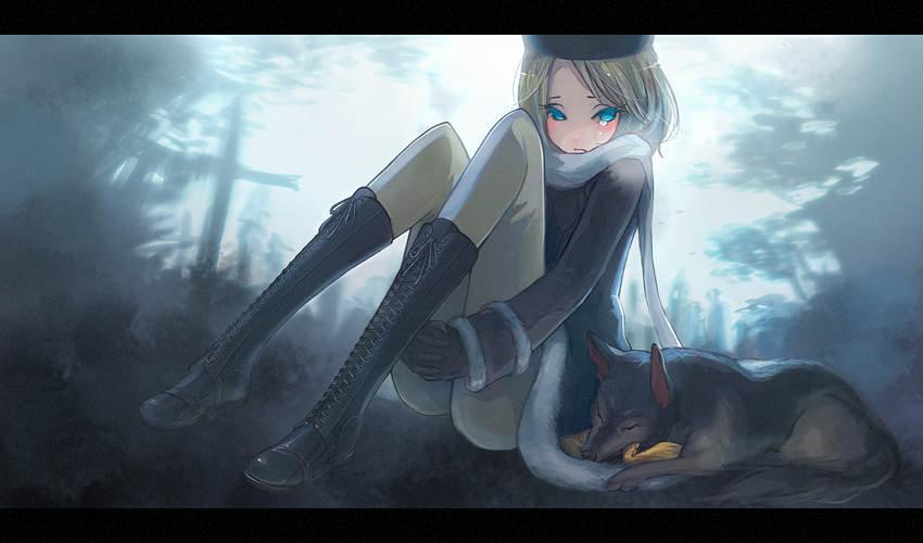 pyon-kichi, kagamine rin, psycho-puzzle, vocaloid, bad id, bad pixiv id, 1girl, blonde hair, blue eyes, boots, dog, female focus, fur trim, hat, hugging own legs, knee boots, letterboxed, scarf, sitting, solo, tears