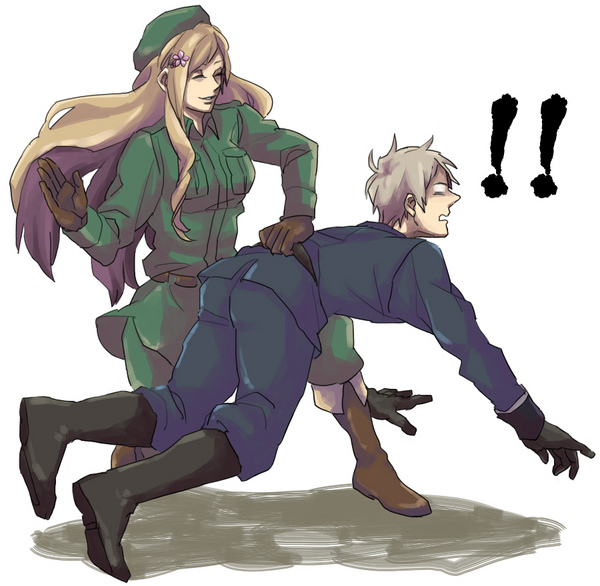 hungary (hetalia), prussia (hetalia), axis powers hetalia, 00s, 1boy, 1girl, boots, brown hair, gloves, long hair, military, military uniform, spanked