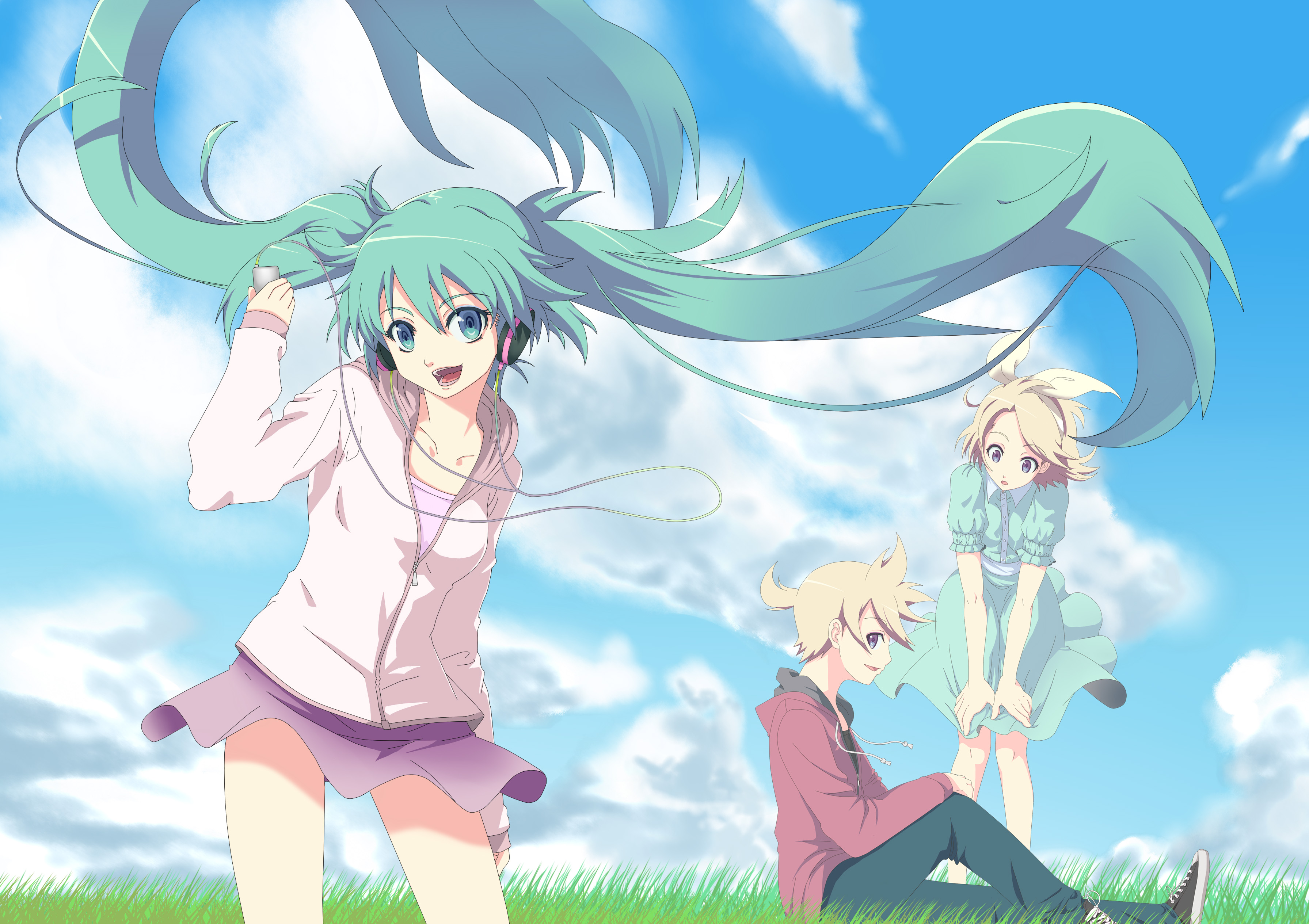 yooguru, hatsune miku, kagamine len, kagamine rin, vocaloid, absurdres, highres, 1boy, 2girls, aqua eyes, aqua hair, blonde hair, casual, cloud, day, hair ribbon, headphones, hood, hooded jacket, jacket, long hair, multiple girls, ribbon, short hair, skirt, sky, twintails, wind