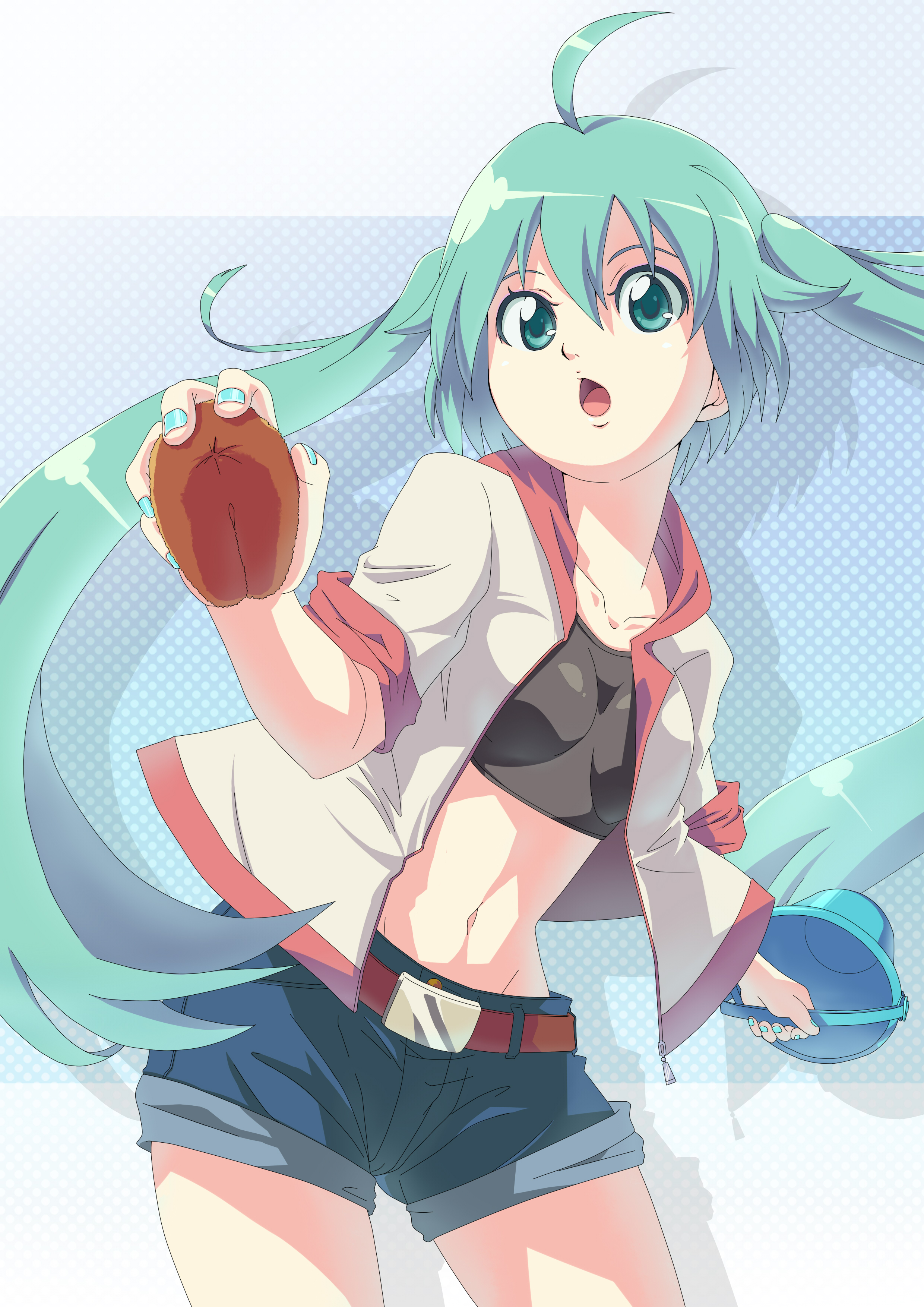 yooguru, hatsune miku, vocaloid, absurdres, derivative work, highres, vector trace, ahoge, aqua eyes, aqua hair, bucket, long hair, midriff, nail polish, shorts, solo, sponge, twintails, when you see it
