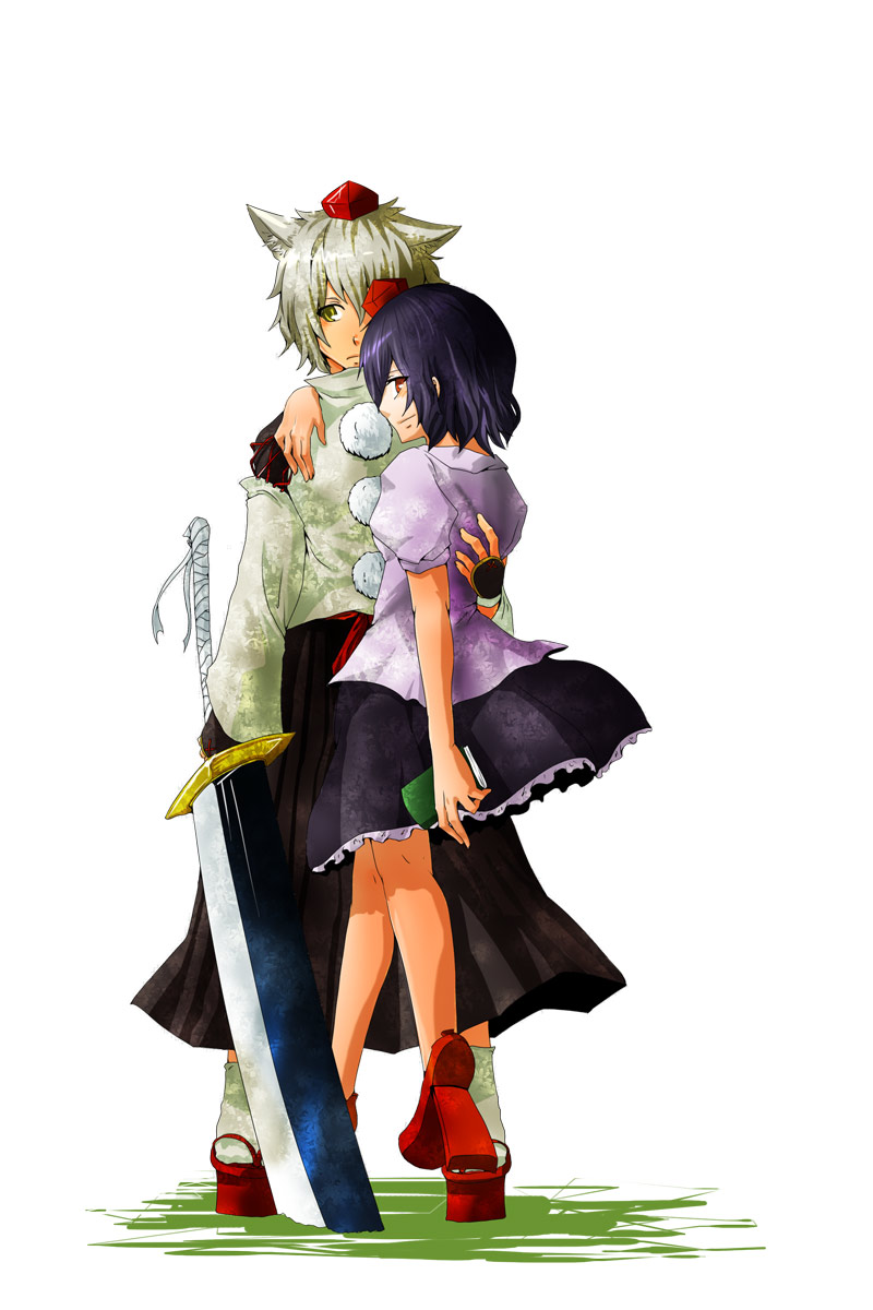 haruichi (sazanami complex), kyouno, shunichi, inubashiri momiji, shameimaru aya, touhou, silver hair, colorized, highres, 2girls, animal ears, black hair, book, female focus, geta, hat, hug, multiple girls, red eyes, sword, tengu-geta, tokin hat, weapon, wolf ears, yellow eyes