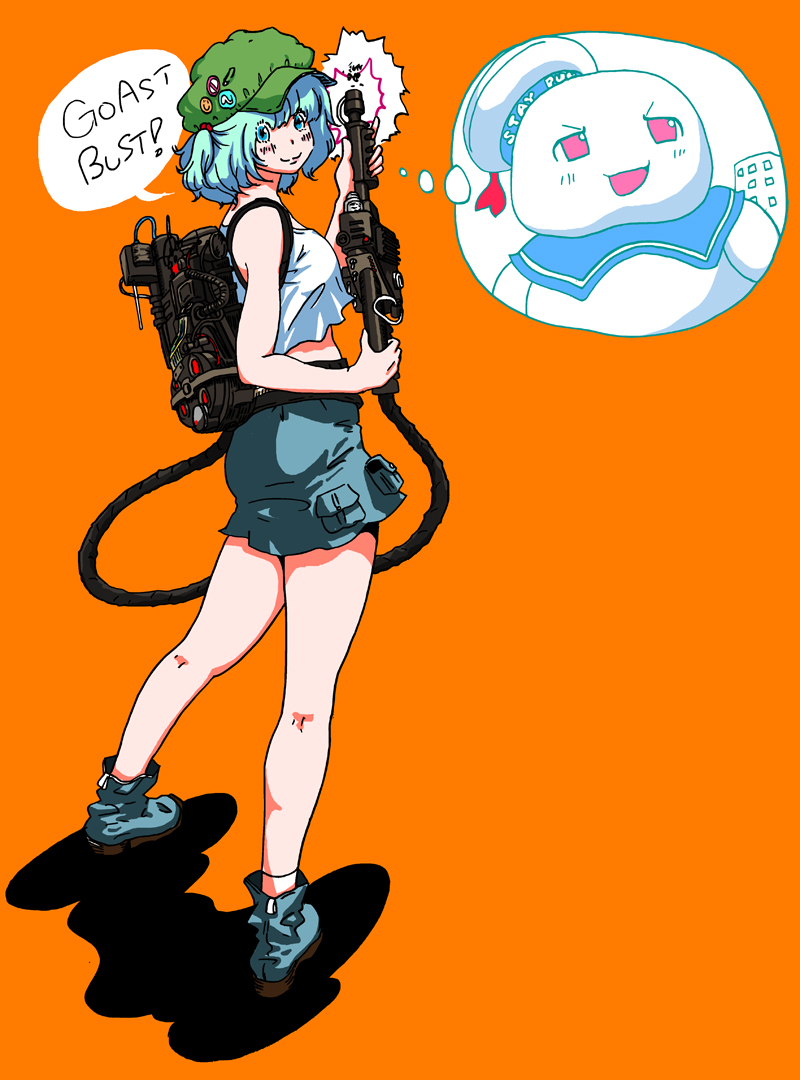 karaagetarou, kawashiro nitori, stay puft, ghostbusters, touhou, 1girl, antimatter weapon, blue eyes, blue hair, directed-energy weapon, energy gun, energy weapon, english text, engrish text, female focus, hair bobbles, hair ornament, hat, kneepits, matching hair/eyes, miniskirt, parody, particle-beam weapon, particle thrower, proton pack, ranguage, short hair, skirt, solo, twintails, weapon, yukkuri shiteitte ne