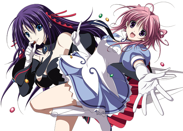 higa yukari, ascoeur, q-feuille, kiddy girl-and, kiddy grade, 00s, 2girls, blue eyes, elbow gloves, gloves, hair ribbon, multiple girls, pink hair, purple eyes, ribbon