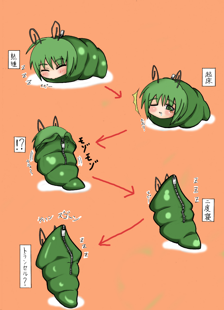 gorurin nekura, nekuraneko, wriggle nightbug, touhou, bad id, bad pixiv id, highres, translation request, 1girl, antennae, chibi, comic, female focus, green hair, sleeping bag, sleepy, solo