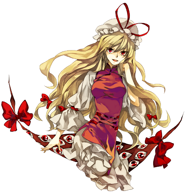 munlu (wolupus), yakumo yukari, touhou, bad id, bad pixiv id, 1girl, blonde hair, bow, dress, female focus, frilled dress, frills, gap (touhou), hair bow, hair ribbon, hand in own hair, hat, long hair, multiple hair bows, purple eyes, red eyes, ribbon, simple background, solo