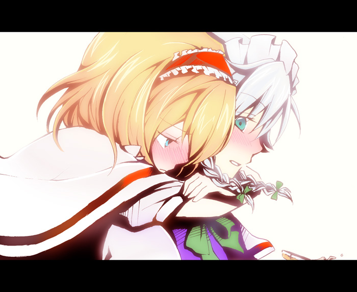 megumiya, alice margatroid, izayoi sakuya, touhou, silver hair, bad id, bad pixiv id, 2girls, blonde hair, blue eyes, blush, braid, female focus, hairband, hug, hug from behind, letterboxed, multiple girls, twin braids