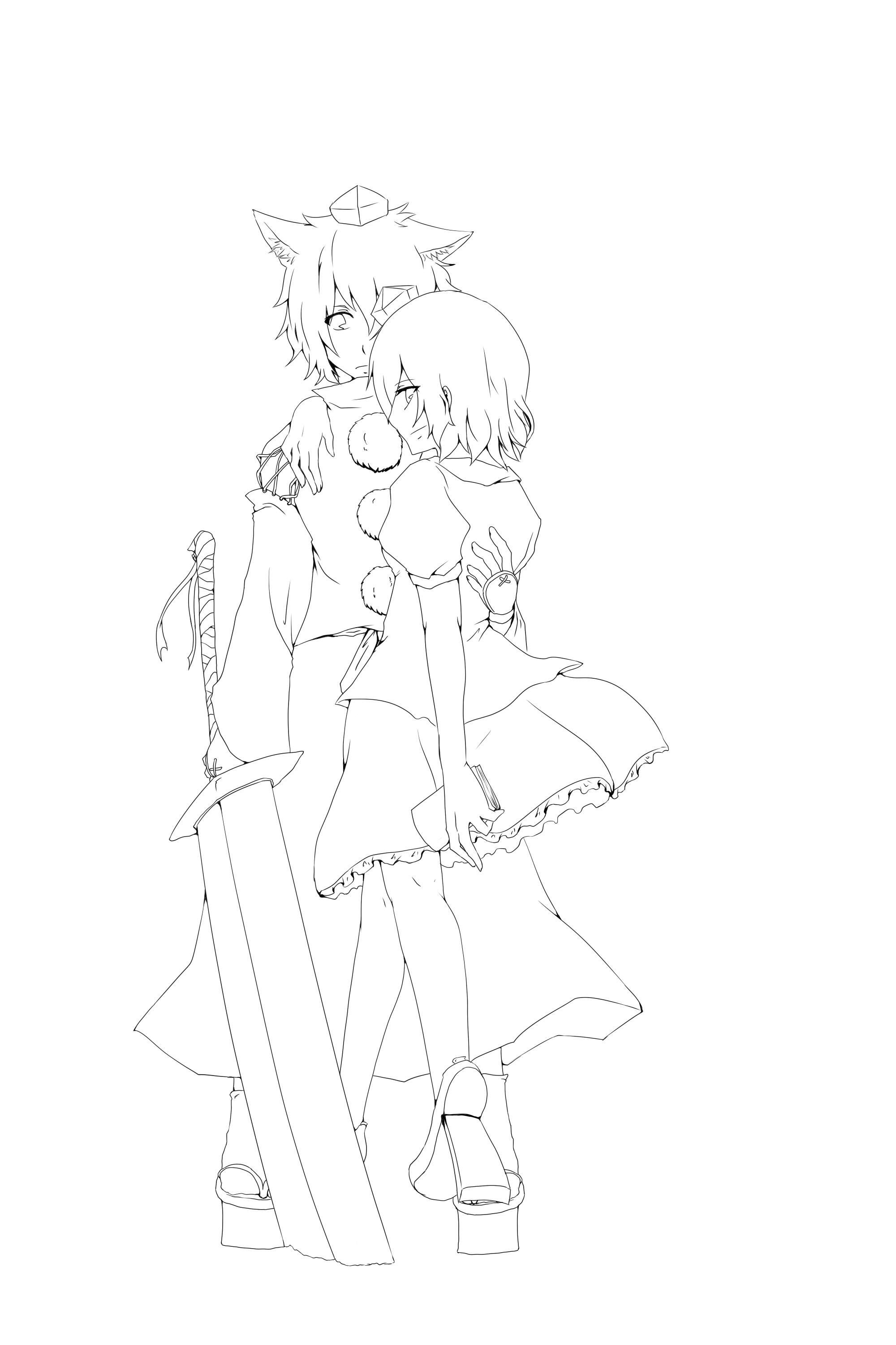 haruichi (sazanami complex), shunichi, inubashiri momiji, shameimaru aya, touhou, absurdres, highres, 2girls, animal ears, book, detached sleeves, female focus, geta, greyscale, hat, monochrome, multiple girls, short hair, sketch, sword, tengu-geta, tokin hat, weapon, wolf ears