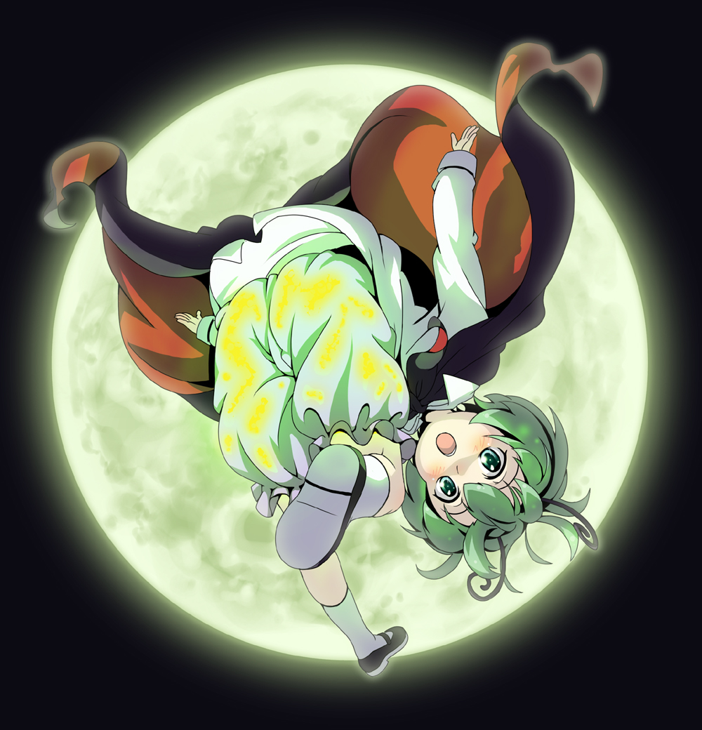sankuro (agoitei), wriggle nightbug, touhou, bad id, bad pixiv id, 1girl, antennae, cape, female focus, full body, green eyes, green hair, matching hair/eyes, moon, night, outdoors, short hair, sky, solo