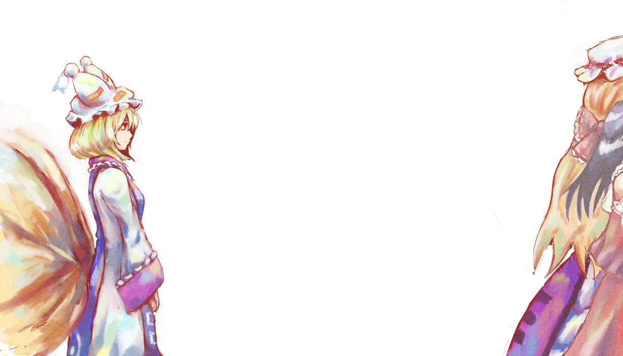 kouzilow, hakurei reimu, yakumo ran, yakumo yukari, touhou, 3girls, animal ears, animal hat, blonde hair, bow, brown hair, detached sleeves, dress, female focus, fox ears, fox tail, hair bow, hair tubes, hat, long hair, long sleeves, mob cap, multiple girls, multiple tails, ribbon, short hair, tail, tassel, white background, wide sleeves, yellow eyes