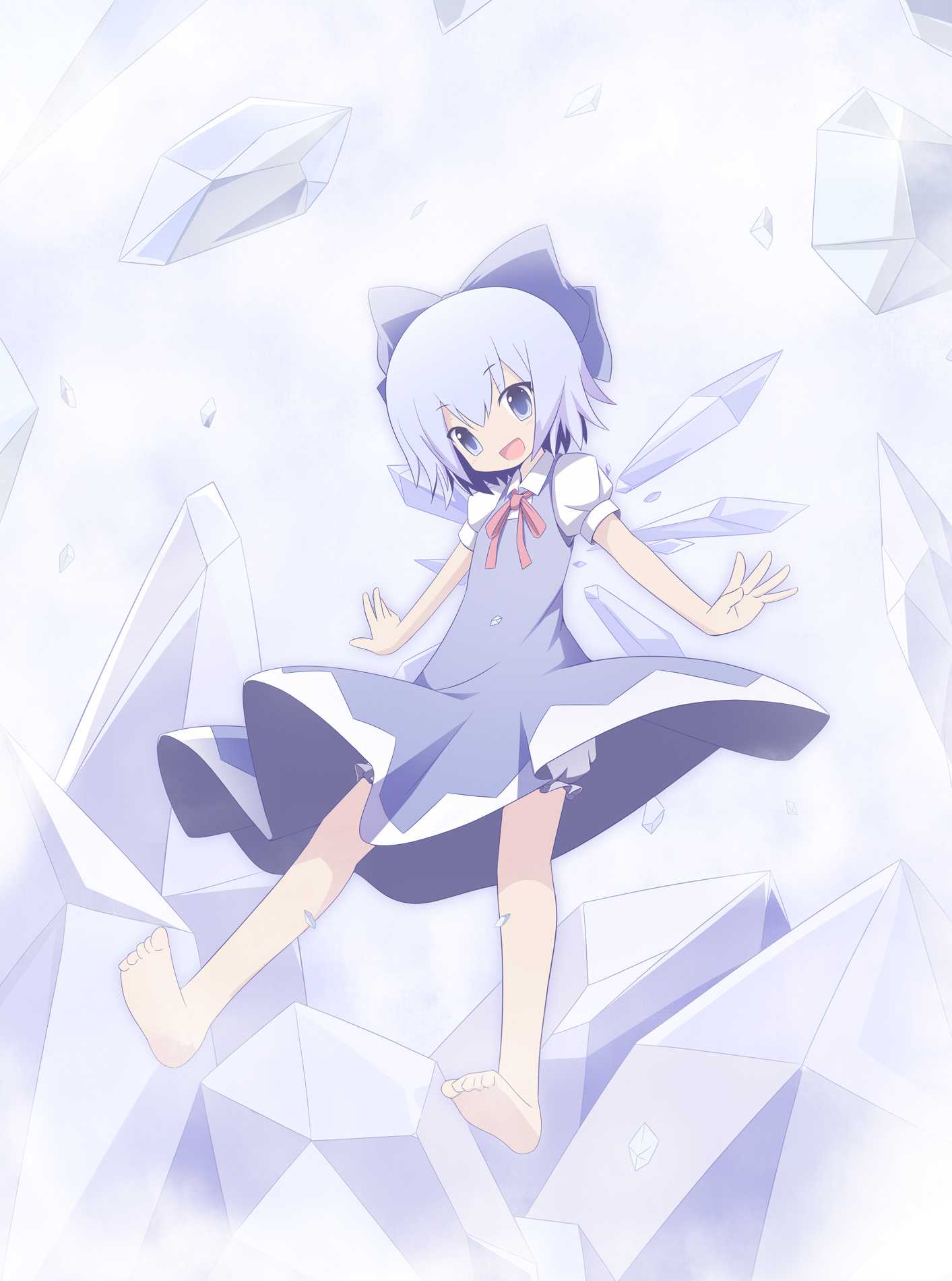 miko machi, cirno, embodiment of scarlet devil, touhou, highres, 1girl, bad anatomy, bad feet, barefoot, blue eyes, blue hair, feet, female focus, full body, ice, matching hair/eyes, poorly drawn, ribbon, short hair, solo, wings