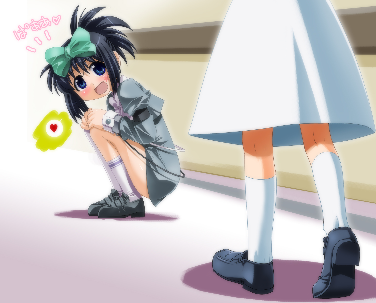 umekichi, kunihiro hajime, ryuumonbuchi touka, saki (manga), bad id, bad pixiv id, highres, 00s, 2girls, black hair, blue eyes, blush, hair ribbon, happy, heart, kneehighs, loafers, multiple girls, ribbon, school uniform, shoes, short hair, socks, squatting, white socks