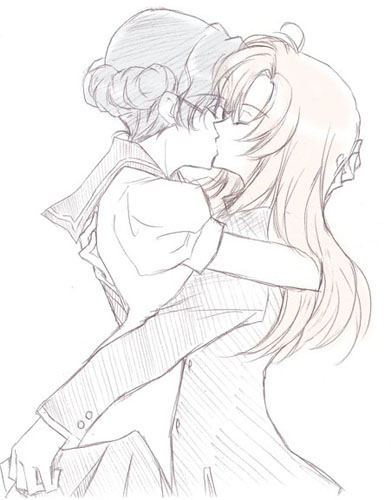 himemiya anthy, tenjou utena, shoujo kakumei utena, lowres, 1990s (style), 2girls, closed eyes, hug, kiss, long hair, multiple girls, pink hair, purple hair, retro artstyle, school uniform, serafuku, short hair, simple background, sketch, yuri