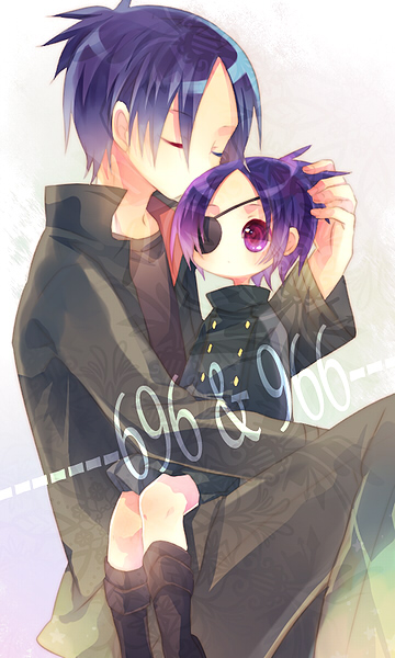 yamiya (8 18dlq), chrome dokuro, rokudou mukuro, katekyo hitman reborn!, bad id, bad pixiv id, 00s, 1boy, eyepatch, gradient background, hug, male focus, pink eyes, purple hair, short hair, sitting, sitting on lap, sitting on person, solo
