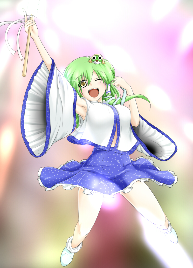 miki purasu, keroro, kochiya sanae, keroro gunsou, touhou, 1girl, armpits, female focus, hair between eyes, solo