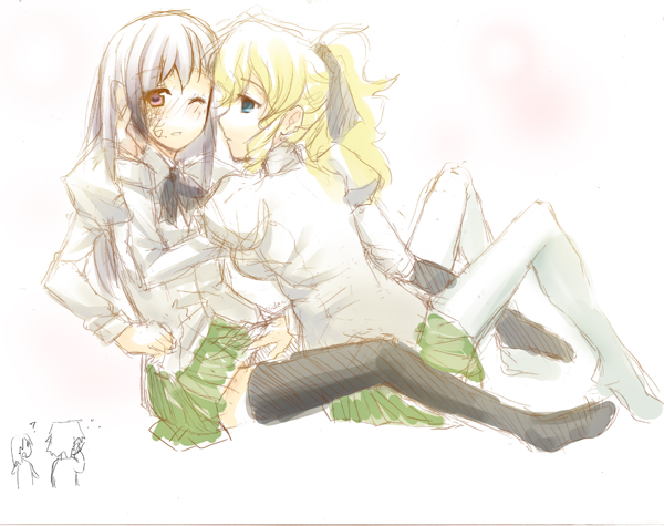ge-b, weee (raemz), ikezawa hanako, satou lilly, katawa shoujo, 10s, 2girls, alternate legwear, aqua eyes, between legs, black hair, blind, blonde hair, brown eyes, full body, hand between legs, hand in panties, multiple girls, one eye closed, panties, pantyhose, ponytail, puffy sleeves, ribbon, scar, school uniform, sketch, skirt, thighhighs, underwear, wink, yuri