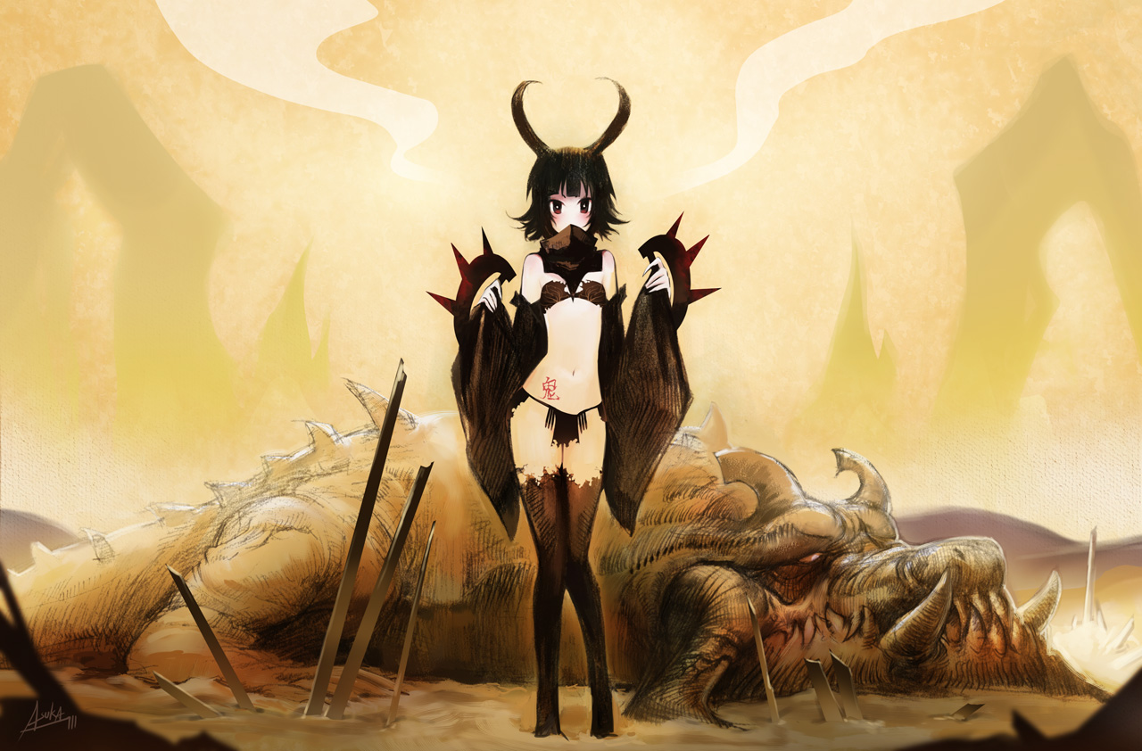 patipat asavasena, original, 1girl, black hair, blurry, demon girl, depth of field, dragon, female focus, horns, midriff, monster, navel, panties, red eyes, solo, standing, thighhighs, underwear