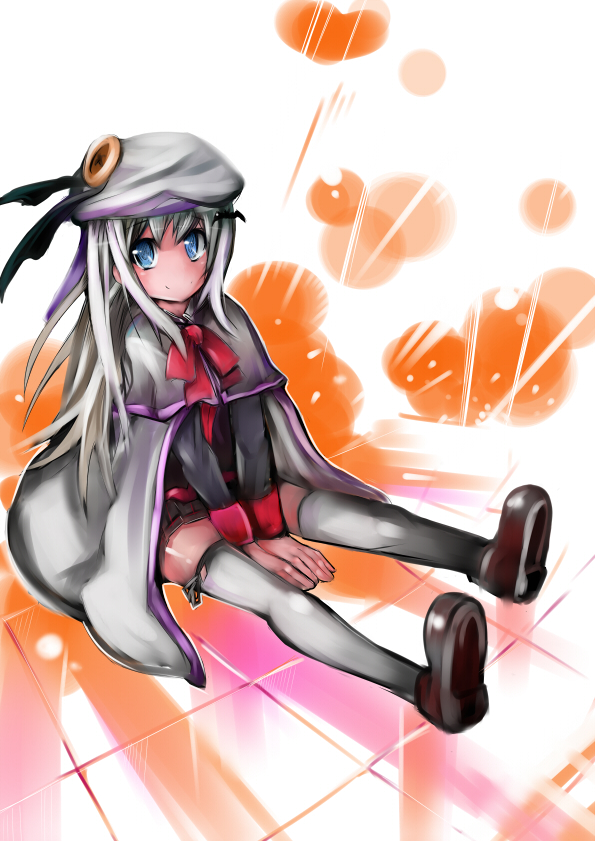 nerotarou, noumi kudryavka, little busters!, silver hair, blue eyes, hat, long hair, sitting, smile, solo, thighhighs, white thighhighs