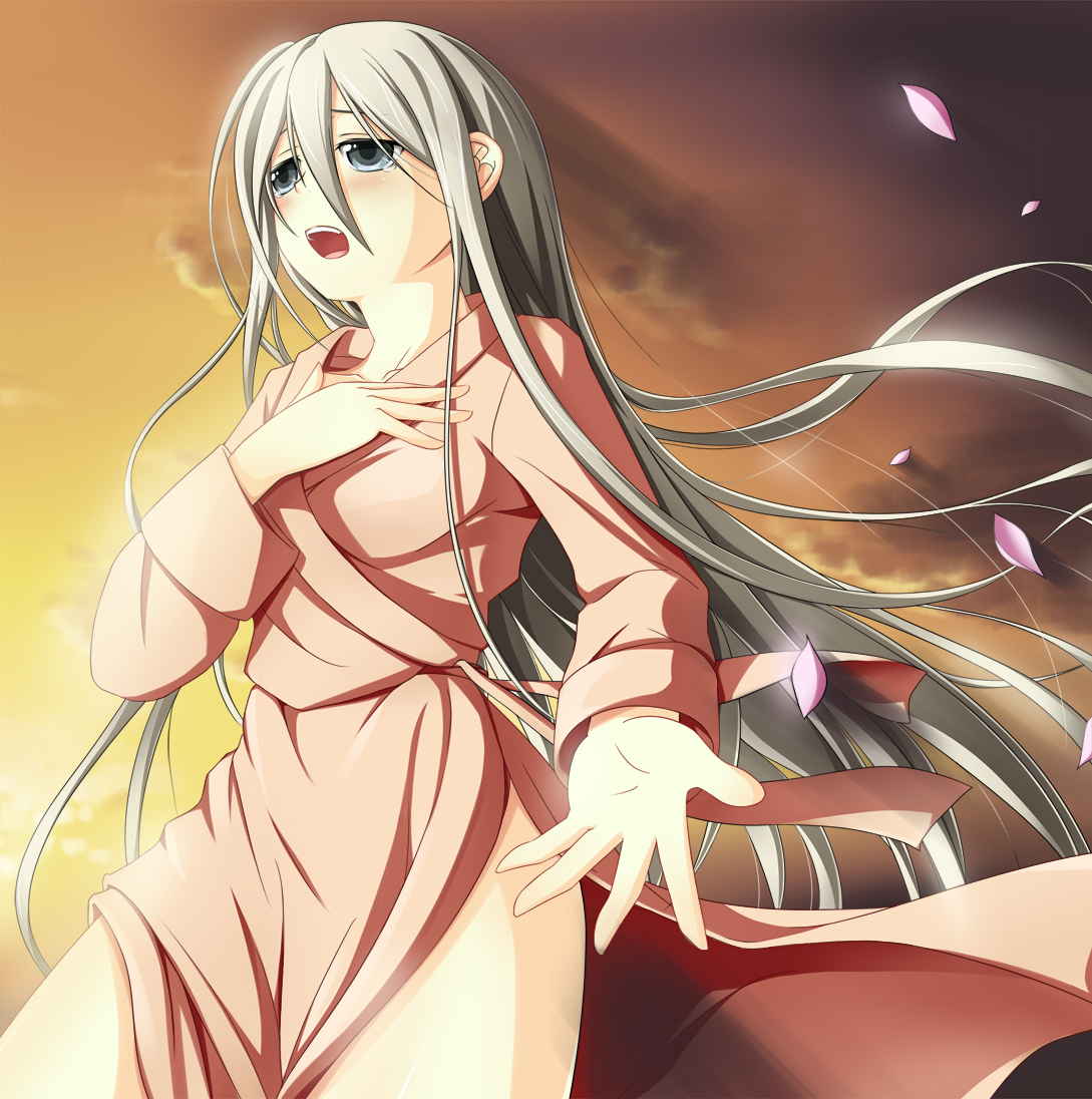 nekoro, felli loss, koukaku no regios, 1girl, aqua eyes, bathrobe, blush, cloud, female focus, grey eyes, grey hair, long hair, music, open mouth, singing, solo, standing, sunset, tears, very long hair, wind