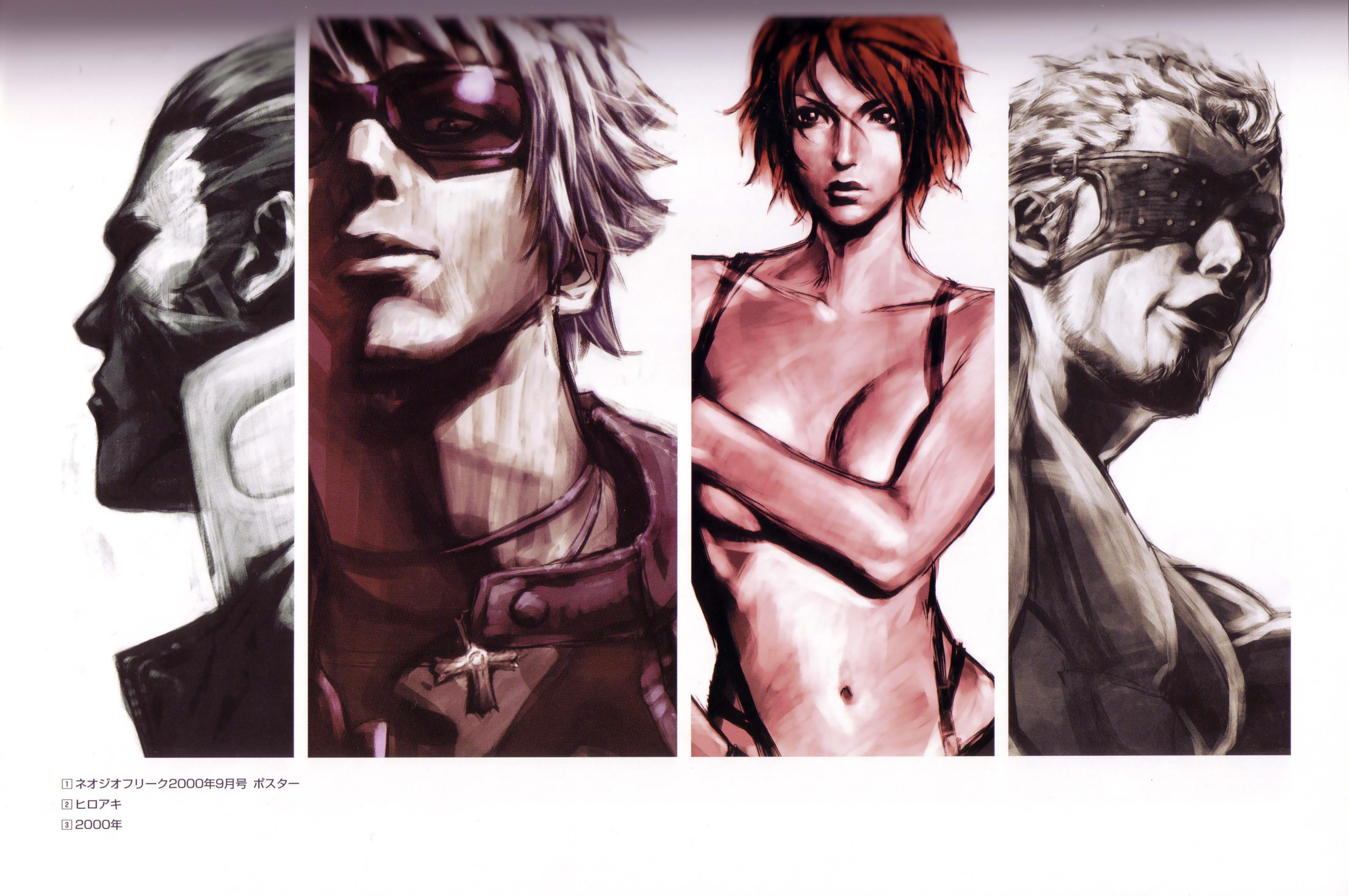 k' (kof), maxima, ramon (kof), vanessa (kof), snk, the king of fighters, the king of fighters 2000, artbook, highres, official art, scan, 1girl, 3boys, eyepatch, monochrome, multiple boys, muscular, naked suspenders, nude, sunglasses, suspenders, topless female
