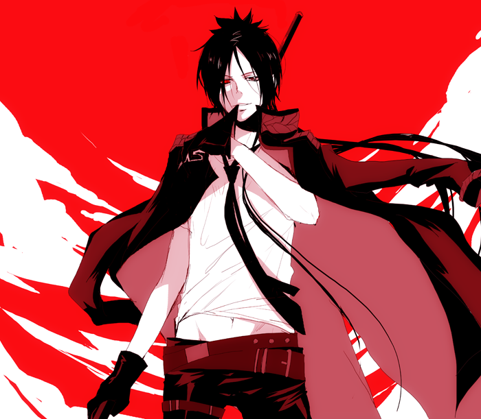 kurot, rokudou mukuro, katekyo hitman reborn!, 00s, 1boy, gloves, jacket, jacket on shoulders, male focus, necktie, ponytail, solo