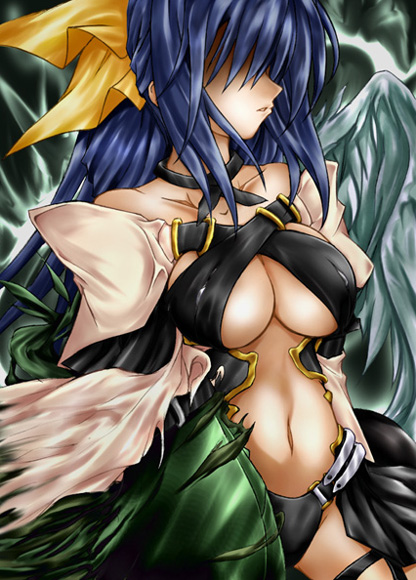 hamu (moeyobaka), dizzy (guilty gear), arc system works, guilty gear, guilty gear x, guilty gear xx, 1girl, asymmetrical wings, blue hair, bow, breasts, criss-criss top, criss cross top, female focus, hair bow, hair over eyes, large breasts, long hair, navel, ribbon, solo, underboob, wings