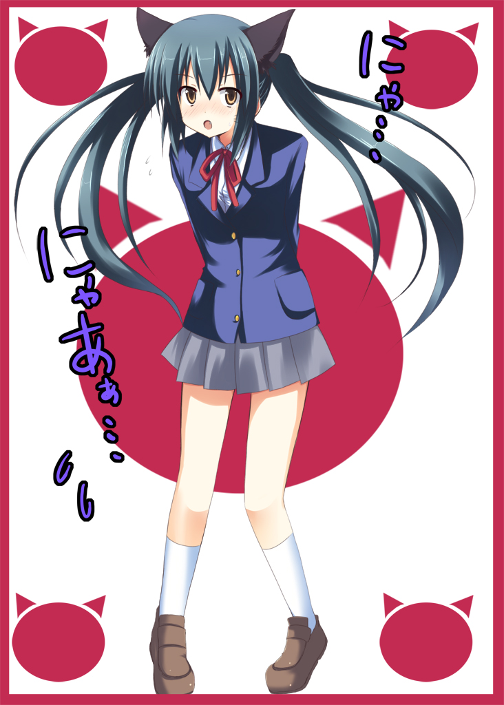 akane souichi, nakano azusa, k-on!, bad id, bad pixiv id, 00s, 1girl, animal ears, arms behind back, blush, cat ears, cat girl, female focus, neck ribbon, red ribbon, ribbon, school uniform, solo
