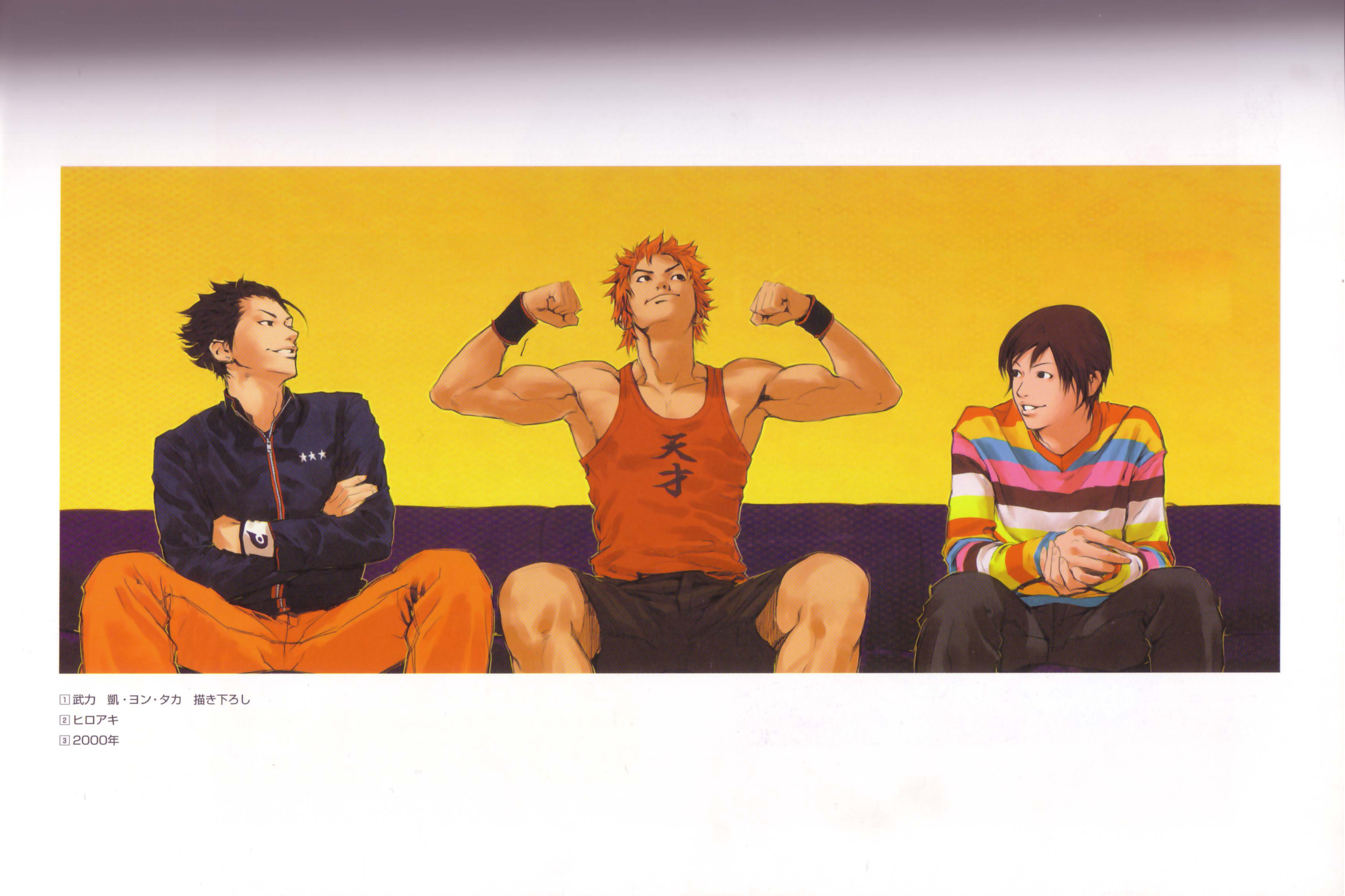 hiroaki (kof), saionji takato, seo yong-song, tendo gai, tendou gai, buriki one, snk, artbook, highres, official art, scan, 3boys, casual, male focus, multiple boys, muscular, orange hair, sitting