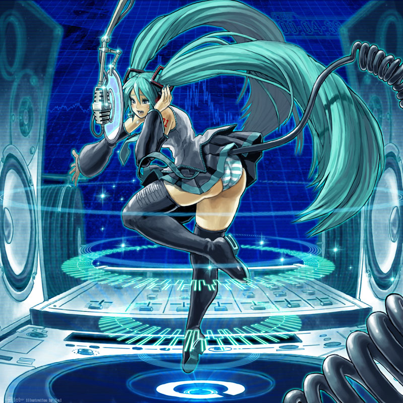 daichan mona, hatsune miku, vocaloid, 1girl, aqua hair, ass, female focus, long hair, music, panties, singing, solo, striped clothes, striped panties, thighhighs, thighs, twintails, underwear