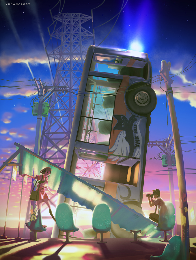 vofan, original, vehicle, 1boy, 1girl, bus, camera, chair, motor vehicle, sky, smile, surreal