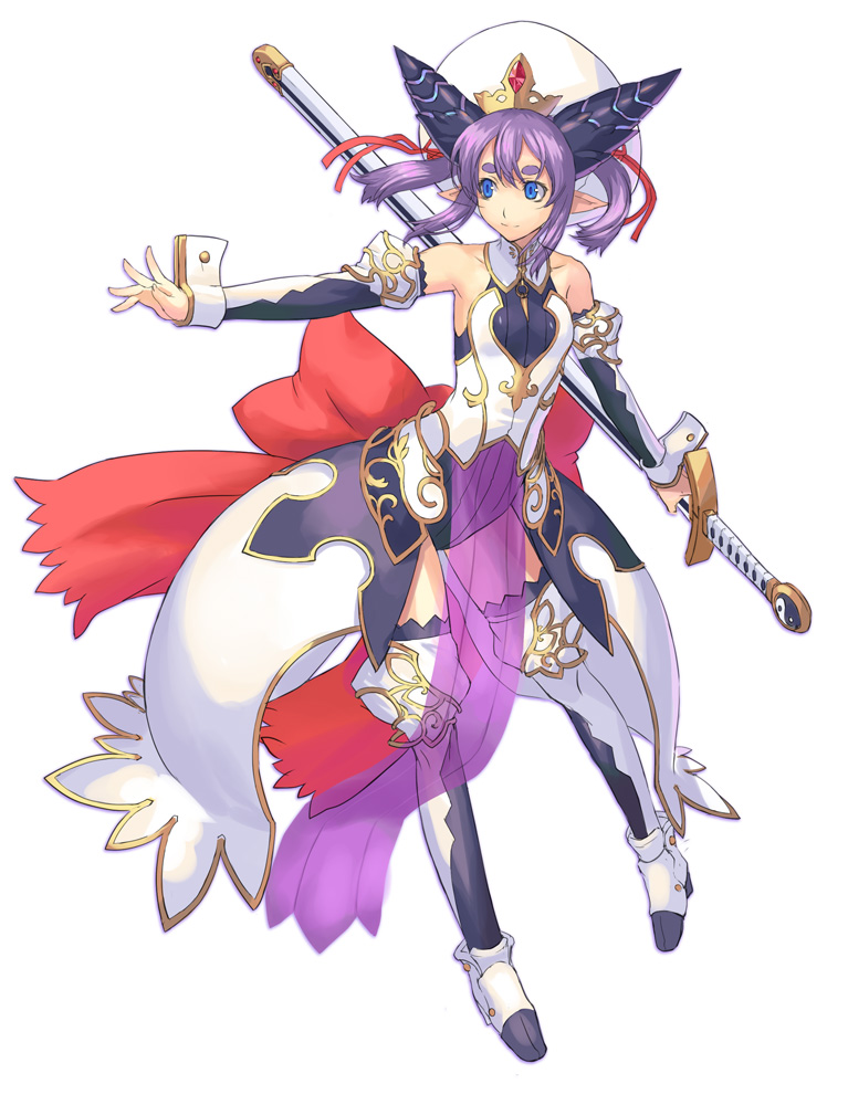 ran'ou (tamago no kimi), san morte (shinrabanshou), shinrabanshou, 1girl, blue eyes, detached sleeves, dress, female focus, hat, hime eyebrow, horns, pointy ears, purple hair, solo, sword, thighhighs, weapon